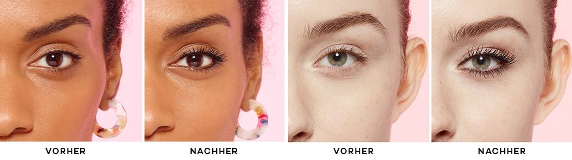 Zwei Frauen, jeweils mit Vorher-Nachher-Vergleich bei Anwendung des Lash Paradise Mascaras